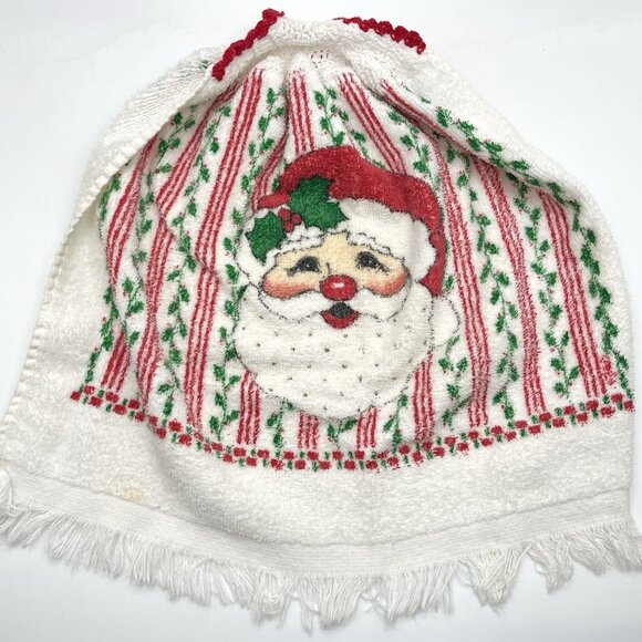 Vintage Crocheted Top Santa Christmas Kitchen Terrycloth Towel Cottage Festive - Picture 1 of 5